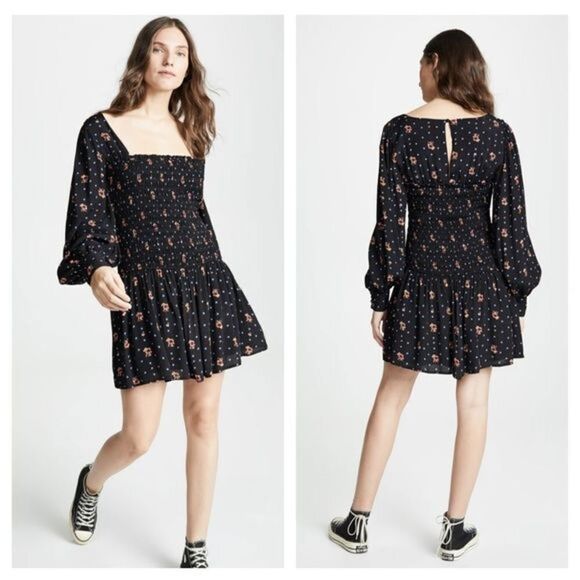 Free People Black Floral Two Face Long Sleeve Mini Dress - Picture 1 of 6